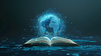 Canvas Print - futuristic global education with open book and globe map on blue background