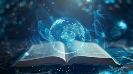 Wall Mural - Futuristic global education with open book and planet map on blue background