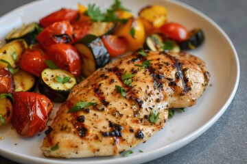 Poster - A plate of grilled chicken and roasted vegetables served on a clean, white plate