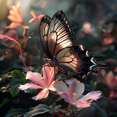 Wall Mural - Beautiful black butterfly monarch sitting on a flower where sun is behind it