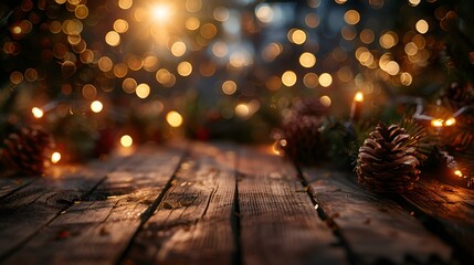 Poster - christmas winter blurred background with wooden table and garland lights with golden bokeh.