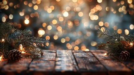 Poster - christmas winter blurred background with wooden table and garland lights with golden bokeh.
