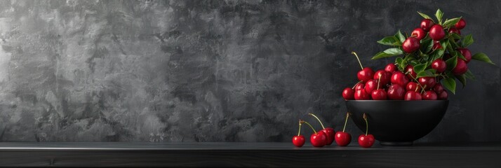 Wall Mural - Cherries in a Black Bowl on a Dark Background