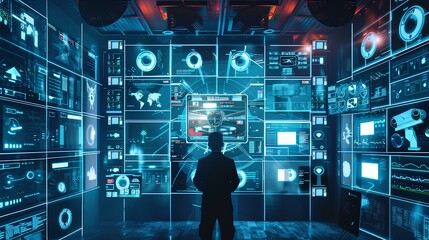 Businessman standing in front of a futuristic interface with holographic data. Technology and business concept