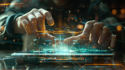 Poster - Man hands with laptop, AI hologram