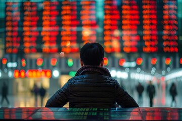 Wall Mural - a man looking at stock market data