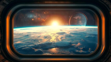 Wall Mural - Stunning view of outer space from a spacecraft window. Seamless looping time-lapse animation background