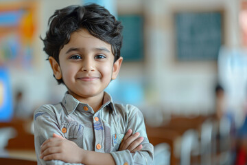 Wall Mural - Back to school, A happy cute Little boy kid in the class room, school kid