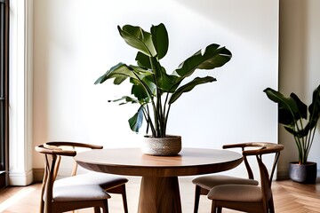 A potted plant is placed in the center of a round dining table. The indoor environment is illuminated with ivory and wood tones. 
