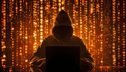 Silhouette of a hooded figure working on a laptop against a backdrop of flowing digital code.  Cybersecurity, hacking, data.