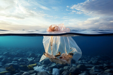 Wall Mural - Plastic bag floating in the water. Concept of environmental pollution. Generative Ai