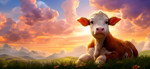 Wall Mural - Cute cow lying on green meadow with beautiful sunset sky background, panoramic image. Generative Ai