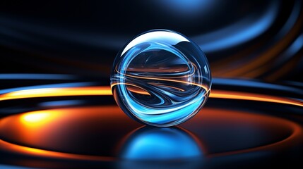 Wall Mural - Abstract Digital Art Featuring a Glass Sphere with Blue and Orange Swirling Patterns and Dynamic Light Reflections