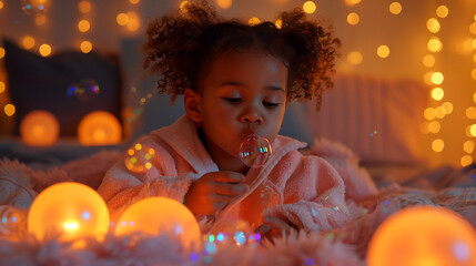 Wall Mural - A photo of a child wearing pajamas and a bathrobe, blowing bubbles in their bedroom before bedtime, with a warm glow from a bedside lamp