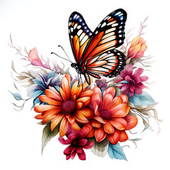 Wall Mural - Beautiful Butterflies and flowers are painted in watercolor on a white background