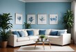 © Sharif54 - A cozy living room with a beige sofa, potted plants, and blank canvases on the wall. 3D render