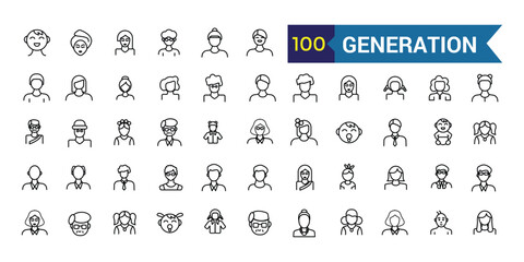 Generation icons set. Outline set of generation vector icons for ui design. Outline icon collection. Editable stroke.