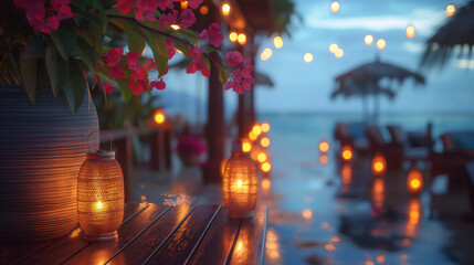Sticker - bokeh Lights in summer beach cafe. 