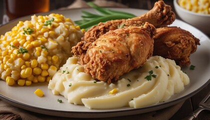 Wall Mural - This hearty meal of fried chicken, mashed potatoes, and corn is perfect for a satisfying and comforting dining experience