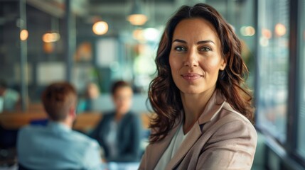 Poster - A woman with curly hair is sitting at a table with a laptop and a pen. She is smiling and she is focused on her work