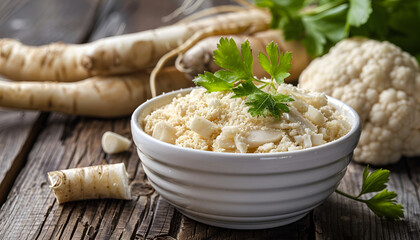 Ground horseradish, hot sauce to the food in a white bowl, roots and leaves of fresh horseradish, vintage wooden background