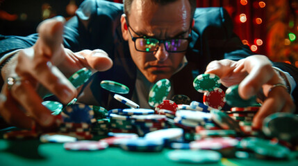 A casino player reaches out with a handful of chips, focusing intently on the roulette table as the ball spins