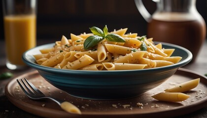 Enjoy this hearty penne pasta dish, seasoned with aromatic herbs, garlic, and juicy tomatoes, finished with fresh basil and a sprinkle of Parmesan cheese