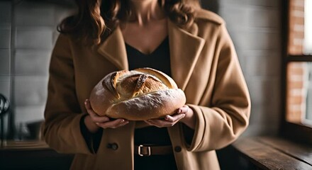 Wall Mural - Baker holding a loaf of homemade bread.