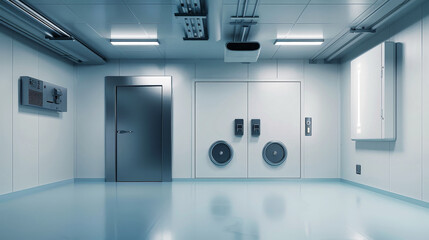 An industrial freezer room with a metallic door and a ventilation system, featuring a light blue epoxy floor and white walls