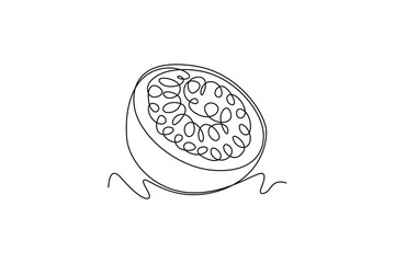 Poster - Single one line drawing half sliced healthy organic passion fruit for orchard logo identity. Fresh summer fruits concept for fruit garden icon. Continuous line draw design graphic vector illustration