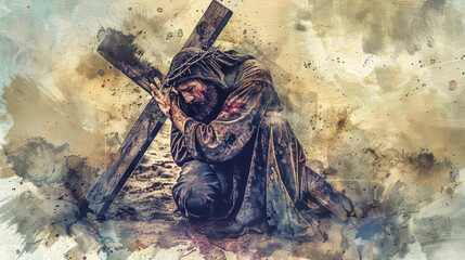 Wall Mural - A man in a long robe kneels on the ground, carrying a heavy wooden cross on his shoulders. The scene is painted in a watercolor style, giving it a spiritual and emotional feel