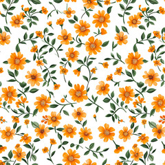 Wall Mural - Seamless pattern Orange flowers and leaves swirling isolated on a white background minimalist design