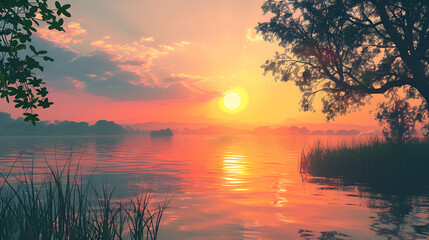 Wall Mural - sunset over the lake generated by Ai technology