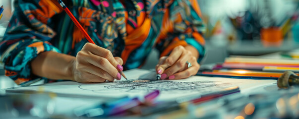 A fashion designer sketching out their latest designs, their creativity flowing.