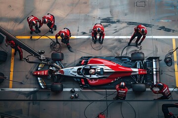 Formula 1 racing car maintenance at pit stop with technical team performing repairs