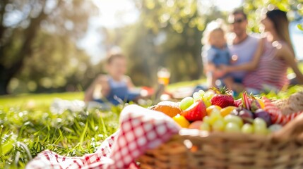 Family is enjoying a picnic in the park, with a basket full of fresh fruit. Concept of family spending quality time together outdoors