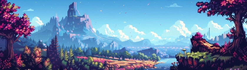 Scenic fantasy landscape with towering mountain, vibrant trees, and serene river under clear blue sky. Ideal for backgrounds and illustrations.