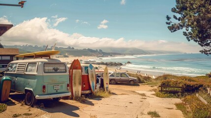 Vintage beach scene with surfboards, classic van, and ocean waves. Perfect summer day for surfing and outdoor adventure lovers.