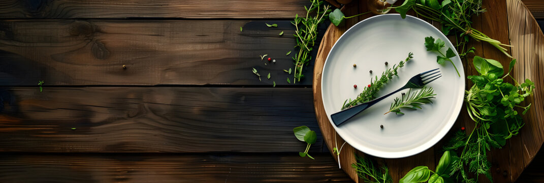 Copy space image of a wooden background with a white plate adorned with a fork and spoon alongside fresh herbs and greens as ingredients for cooking