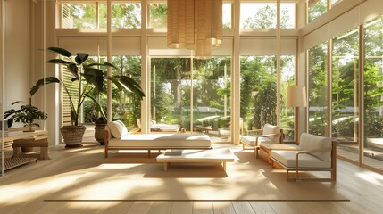 A sunroom with a clean, minimalist design, featuring simple furniture, neutral colors, and large windows allowing an abundance of natural light