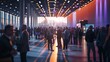 © Business Pics - Group of attendees standing and networking around a bustling convention hall during a tech conference or expo showcasing innovation hyper realistic