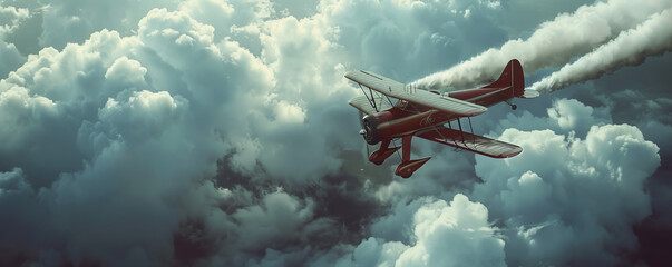 Wall Mural - A vintage airplane soaring through the clouds, leaving a trail of white smoke in its wake.