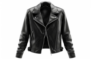 front view black leather jacket isolated on white background