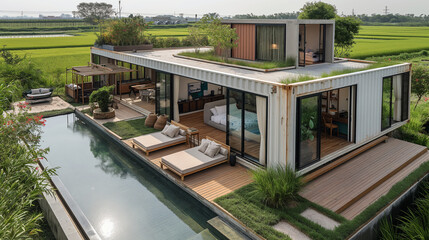 Wall Mural - A small container house in the middle of a rice field. White structure, compact size, has a wide living area. The area in front of the house has a swimming pool.