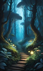 Wall Mural - Bioluminescent forest pathway, lighting up with natural glow from flora and fauna during a mystical night.