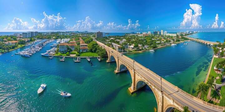 Palm Beach City. Luxury Marina Yacht Panorama with Skyline in Royal Park Bridge, West Palm Beach, USA