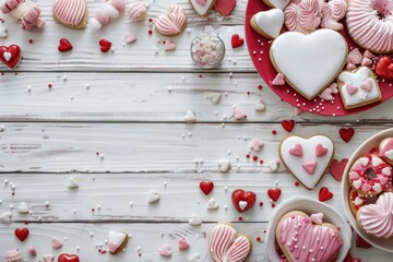 Valentines Cookies. Romantic Table Setting with Love-Themed Sweets and Treats on White Wood Background