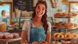 © Business Pics - Happy smiling woman working at a donut and bagel store, small business owner hyper realistic