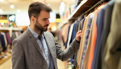 A stylish man attentively inspects clothing items at a retail store, focusing on quality and style