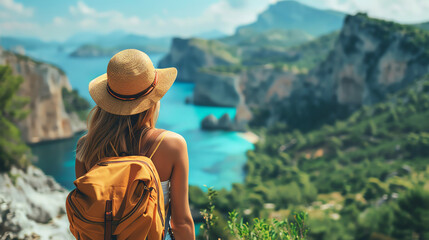 Woman in hat admires a breathtaking ocean view from a mountaintop.